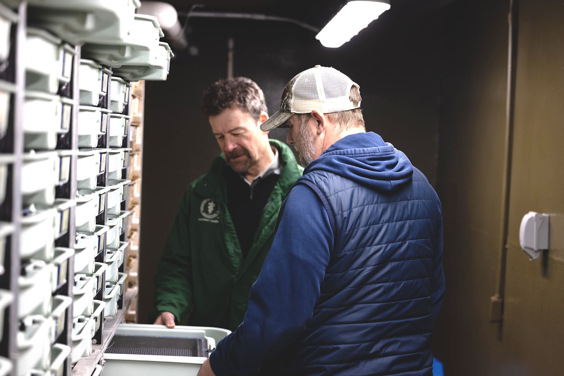 two men examining contents of drawers